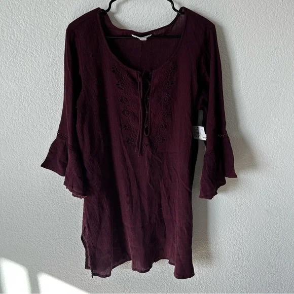 O'Neill Burgundy Sheer Lace-Up Swim Cover - Picture 3 of 11